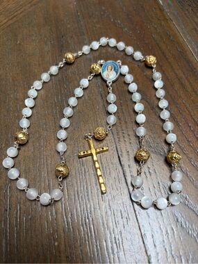 Vintage Italian Corona Angelica Rosary White Glass Beads Gold-Tone Rose Pater